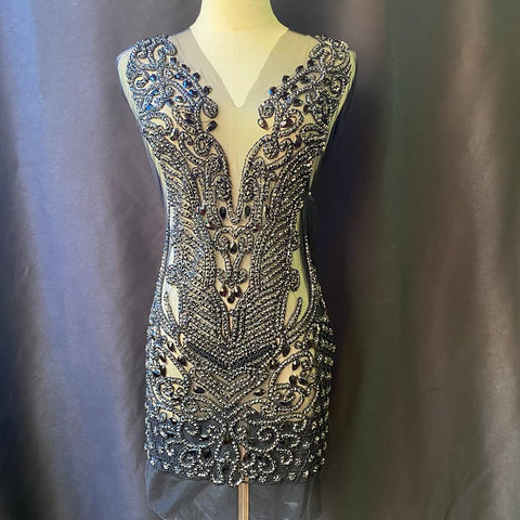 Royal Blue Rhinestone Bodice, Heavy Wedding Crystal Bodice, Full Beaded Handcrafted Applique, Couture Dress Bodice