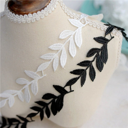 Lace Trim With Leaves, 2cm black and white appliques lace trim for veil bridal gown, 1 yard leaf lace trim for edge wedding decor