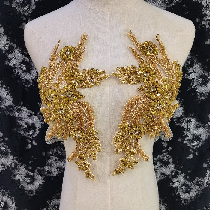 Handmade Gold Full Beaded Applique, Crystal Applique, Bridal Headpiece Lace-dog Handmade Gold Full Beaded Applique, Crystal Applique, Bridal Headpiece Lace-dog