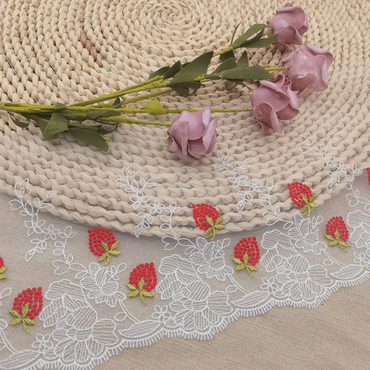 Tulle embroidery eyelash lace trim with strawberry, white mesh Lolita lace trim, beautiful strawberry lace trim