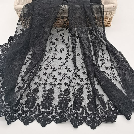 Black soft handfell mesh embroirdery lace, scalloped edge tulle lace, soft dress lace fabric