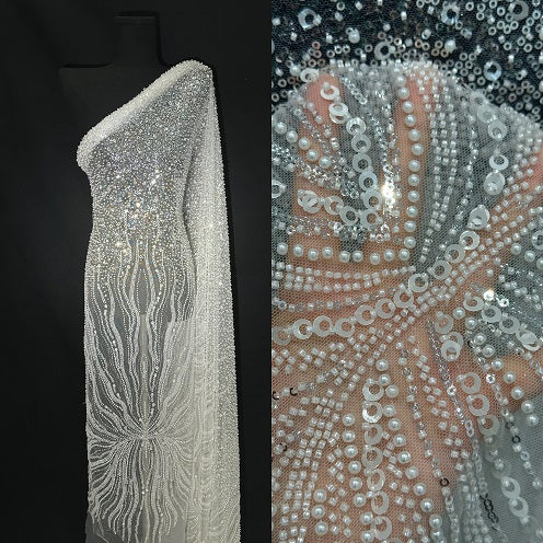 White heavy tulle embroidery wedding dress fabric, rhinestone long dress fabric, crystal and sequin handmade evening dress fabric