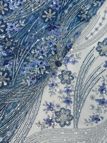 Sky blue flower tulle embroidery rhinestone lace fabric, high quality crystal and bead handmade dress lace, beautiful dress lace