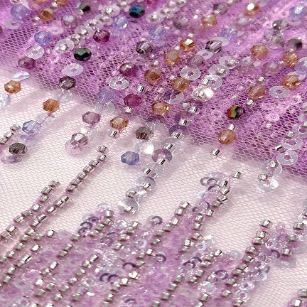 Purple rhinestone bridal lace fabric, luxury embroidery tulle lace fabric, bead and sequin embroidery evening dress lace fabric