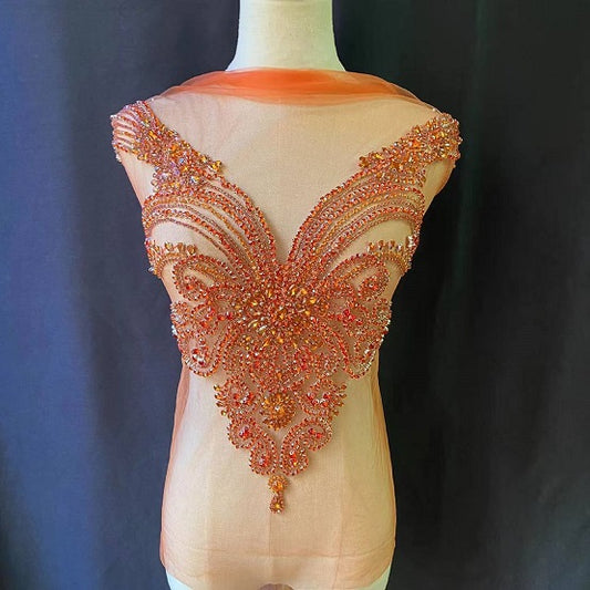 Large pink Rhinestone bodice, crystal applique for couture, crystal bodic for dress, wedding DIY, costume supplies