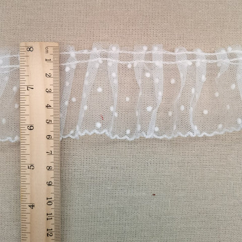5 yards white ruffled trim with velvet dots, pleated frill trim with polka dots