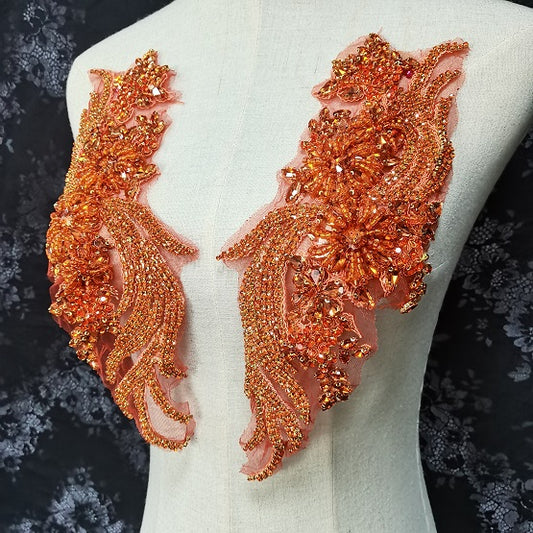 Orange Delicate Rhinestone Applique Pair Crystal Beaded Bridal Gown Bodice Cape Couture Lace Applique