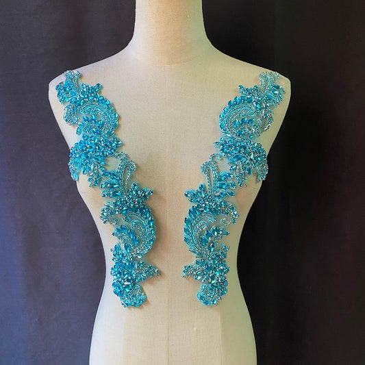 Blue Rhinestone Beaded Lace Applique Pair , Wedding Gown Bridal Dress Emebllishment Accessories ,Crystal Birdal Applique