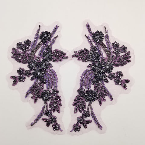 Dark purple beaded applique, crafted rhinestone applique for wedding dress, sash floral motif lace applique