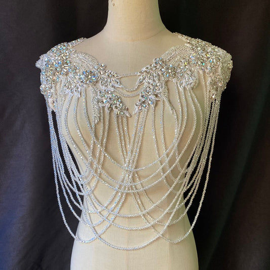 White Rhinestone Applique with tassels, bead tassel applique pair, Crystal shoulder appliques for evening dress