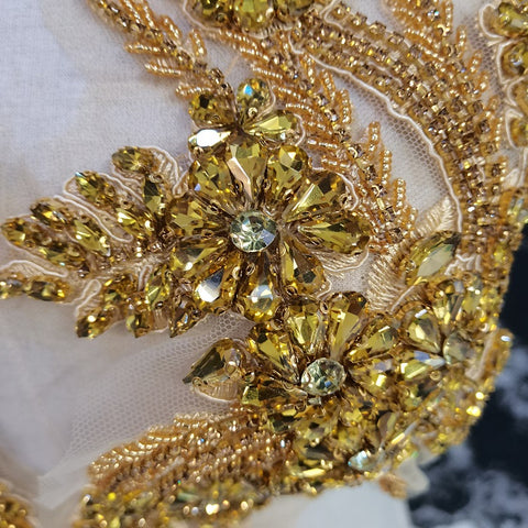 Handmade Gold Full Beaded Applique, Crystal Applique, Bridal Headpiece, Rhinestone Applique For Haute Couture