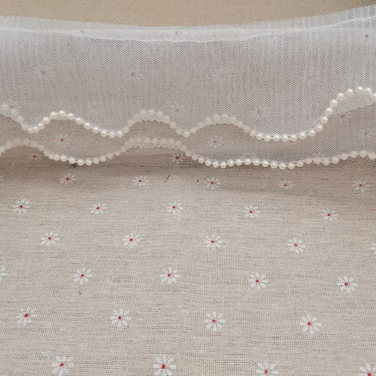 White Tulle Ruffle Trim, double layers crepe lace trim with pearl, 1 yard pleated trim with bead for lolita, doll decor tulle crepe lace