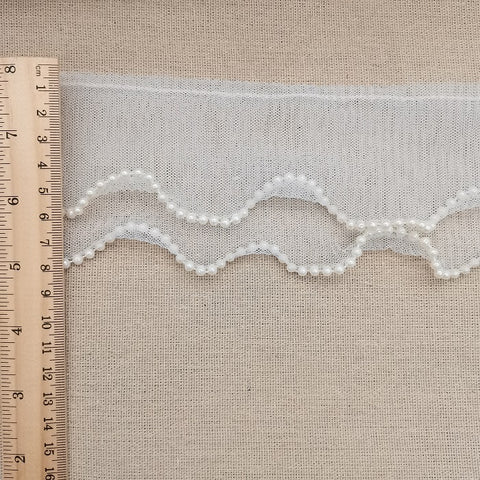 White Tulle Ruffle Trim, double layers crepe lace trim with pearl, 1 yard pleated trim with bead for lolita, doll decor tulle crepe lace