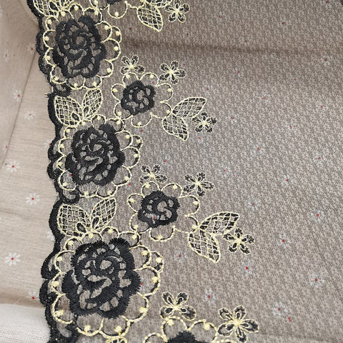 Black Tulle Floral Lace Trim, embroidered tulle lace trim with lurex, 1 yard scalloped gold lace trim border, flower trim lace by the yard