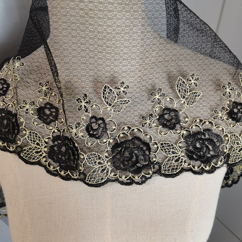 Black Tulle Floral Lace Trim, embroidered tulle lace trim with lurex, 1 yard scalloped gold lace trim border, flower trim lace by the yard