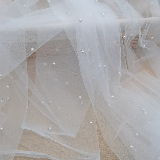 White Pearl Tulle Fabric, soft hand feel mesh lace fabric white, doll making mesh, 1 yard bridal wedding pearl bead tulle lace fabric