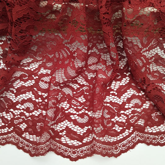 Dark Red Scalloped Fabric Lace, Elaine Floral Lace, High Quality Lace By The Yard, Nylon Cotton Lace, Costume Design