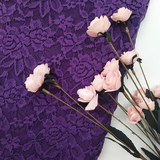 Purple flower lace fabric, stretch lace floral design with scallop edge, elastic lace for blouses and laundry