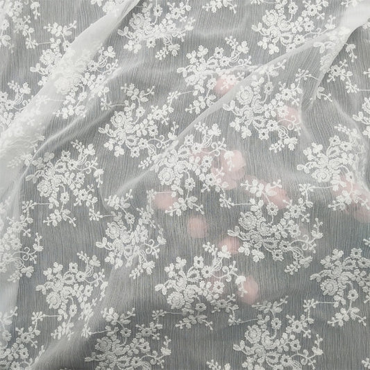 White chiffon embroidery fabric, soft chiffon with floral embroidery