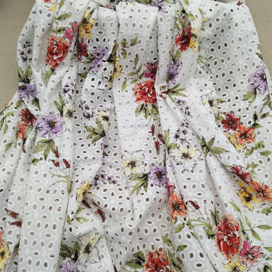 Digital print cotton fabric, cotton embroidery fabric with print, 100% cotton voile floral eyelet fabric