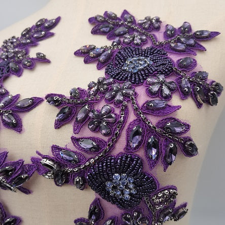 Purple French bead Rhinestone applique, wedding applique, sparkle glass applique for dance costume