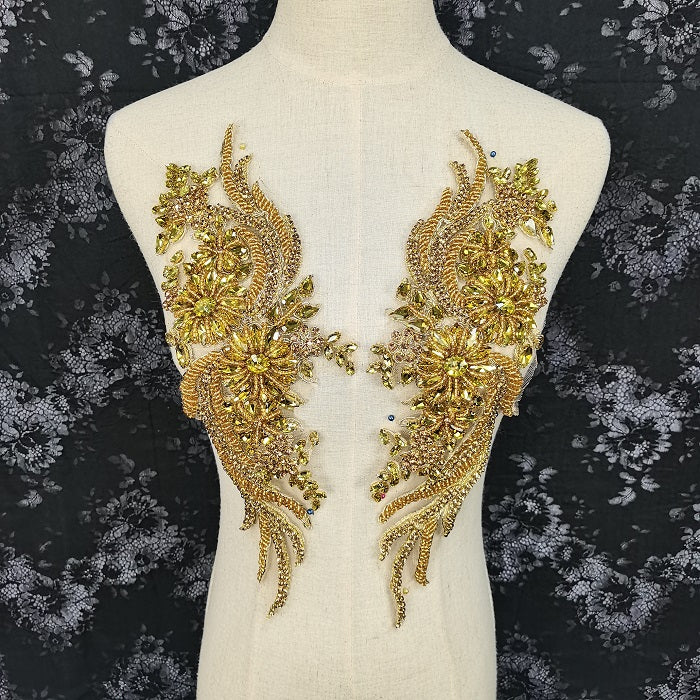Golden handcrafted Rhinestone applique, French bead applique, evening Lace-dog Golden handcrafted Rhinestone applique, French bead applique, evening Lace-dog