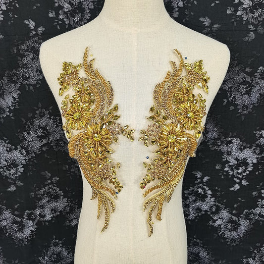 Golden handcrafted Rhinestone applique, French bead applique, evening dress bodice applique, crystal bodice embellishment for couture