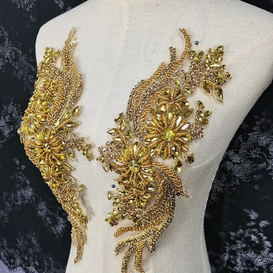 Golden handcrafted Rhinestone applique, French bead applique, evening dress bodice applique, crystal bodice embellishment for couture