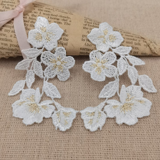 Lace flower applique with Lurex, gold thread lace applique, embroidery patch, one pair small size floral lace patch