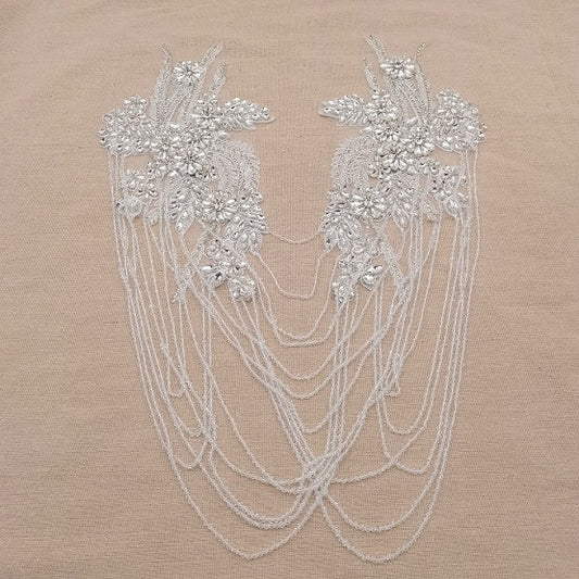 White Rhinestone Applique with tassels, bead tassel applique pair, Crystal shoulder appliques for evening dress