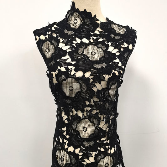 Black big flower guipure lace fabric, chemical embroidery lace, design black dress lace