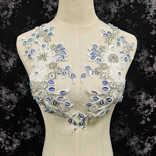 3D flower Rhinestone appliqué pair, sequin Rhinestone applique, white floral lace applique