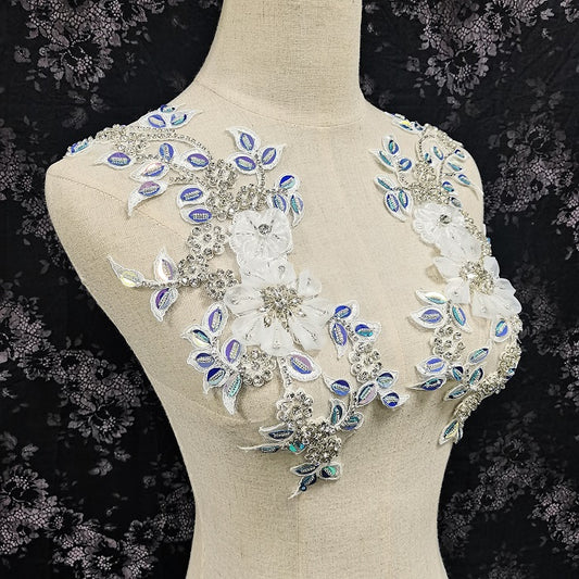 3D flower Rhinestone appliqué pair, sequin Rhinestone applique, white floral lace applique