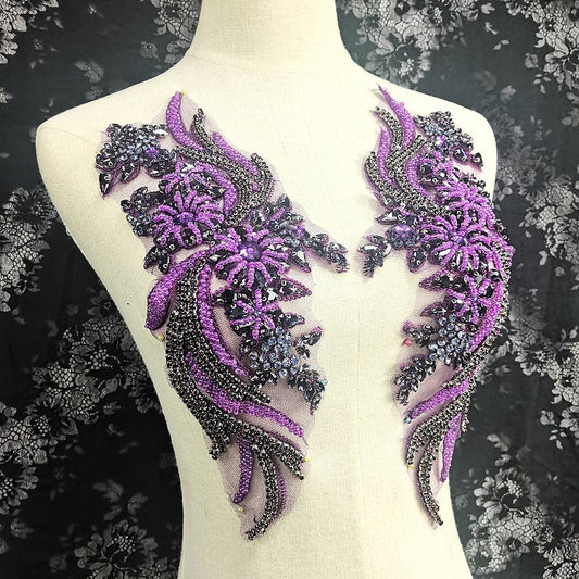 Beautiful purple Rhinestone applique, deluxe purple bead couture applique pair, bridal applique for wedding dress