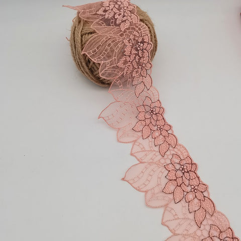 Pink Leaf Embroidery Lace Trim, Bridal Headpiece, Dress Decor, Weddings Pink Leaf Embroidery Lace Trim, Bridal Headpiece, Dress Decor, Weddings