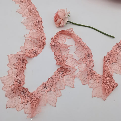 Pink Leaf Embroidery Lace Trim, Bridal Headpiece, Dress Decor, Weddings Pink Leaf Embroidery Lace Trim, Bridal Headpiece, Dress Decor, Weddings