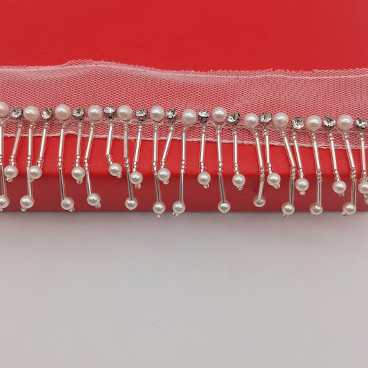6CM white bead Fringe trim with pearls, rhinestone tassel trim for haute couture, dance costume, handmade bead fringe
