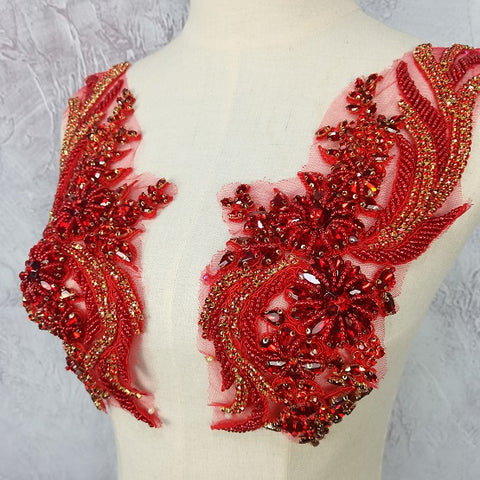 Red Rhinestone Applique Pair Crystal Beaded Bridal Gown Bodice, French bead applique, Couture Lace Applique