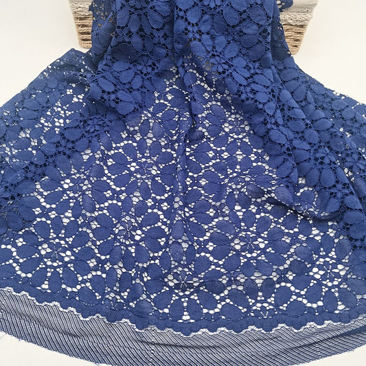Navy Bule Big Flower Lace Fabric, Nylon Cotton Knitting Lace, Blue Lace With Scallop Edge, Corded Floral Lace Fabric Dyed By The Yard