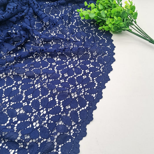 Navy Bule Big Flower Lace Fabric, Nylon Cotton Knitting Lace, Blue Lace With Scallop Edge, Corded Floral Lace Fabric Dyed By The Yard