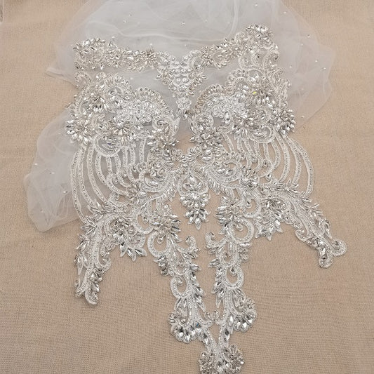Large White Rhinestone bodice, rhinestone bodice applique, crystal wedding patch, bead bodice for evening dress