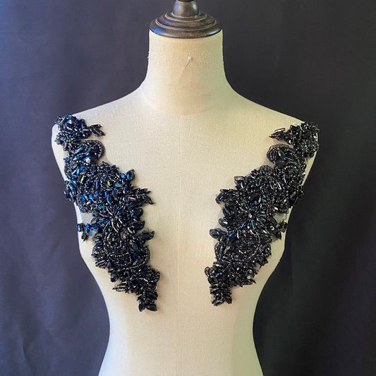 Black French bead applique, crystal bodice patch, heavy bead applique for couture