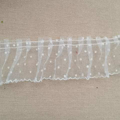 5 yards white ruffled trim with velvet dots, pleated frill trim with polka dots