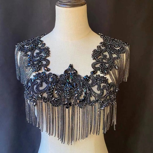 Black bead applique with tassel, body cover with crystal fringe, heavy rhinestone crystal bodice patch, bead embellishment for wedding dress
