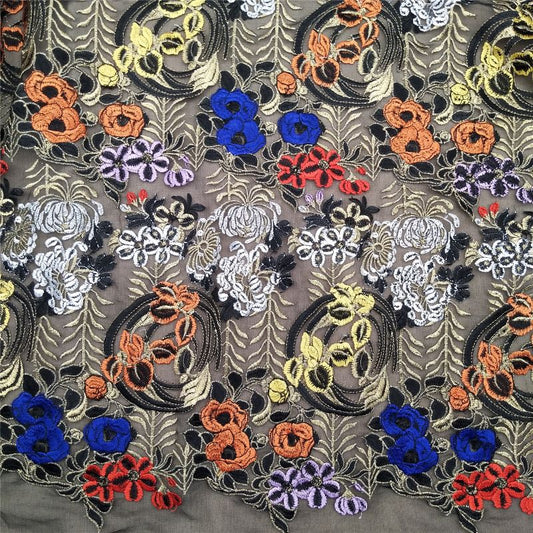 embroidery lace fabric multi-color flower mesh embroidery lace fabric factory