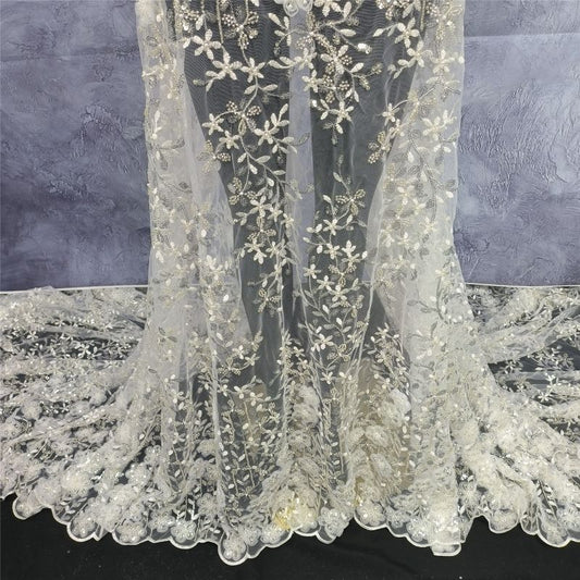 White embroidery wedding dress lace, high quality bead lace fabric , evening dress embroidery fabric