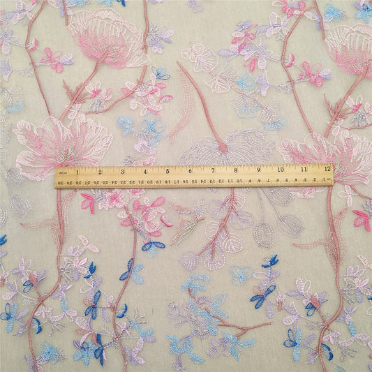 Multicolor pink floral pattern embroidered mesh fabric