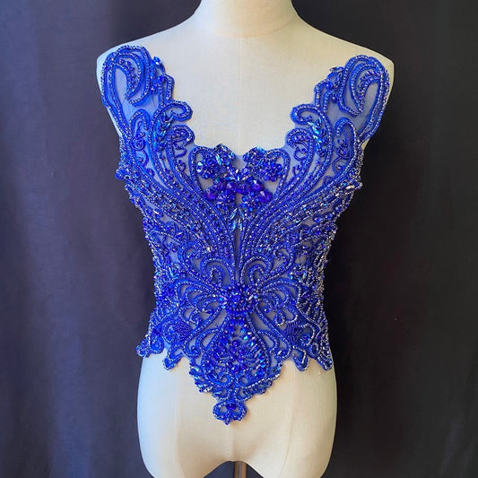 Large Blue Rhinestone appliqué, rhinestone bodice applique, crystal bodice appliqué for couture