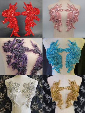 Handmade Rhinestone Lace Bodice Applique - Sew-on Beaded Crystal Trim Patch For Dresses (Various Colors)