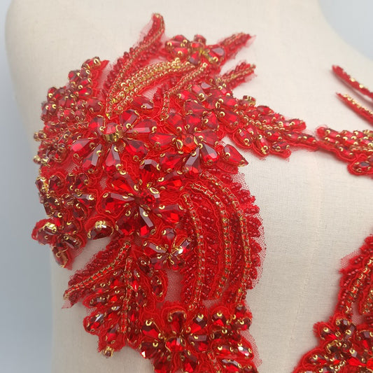 Handmade Red Full Crystal Applique, Sparkle Rhinestone Bodice Patch, Rhinestone Patch For Haute Couture